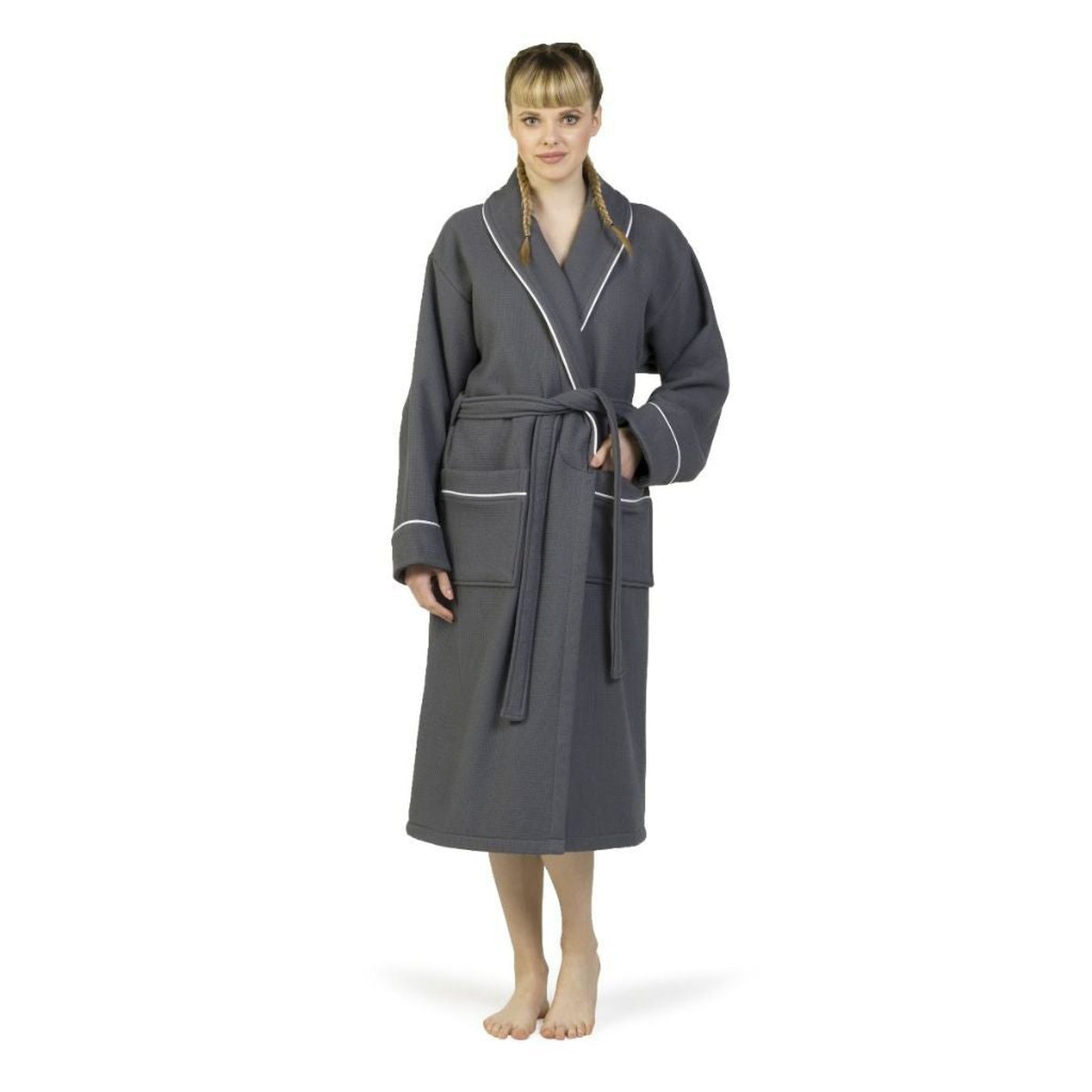 Linum Waffle Terry with Satin Piped Trim S/M Grey Bathrobe