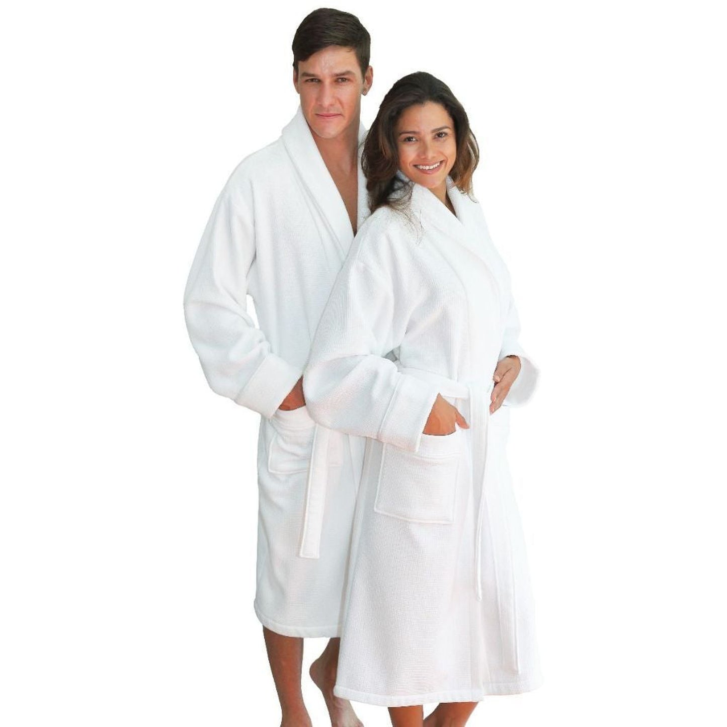 Linum Waffle Terry with Satin Piped Trim S/M White Bathrobe