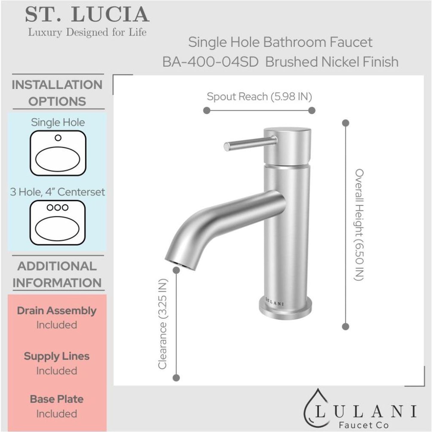 Lulani St. Lucia Single Hole Petite Brushed Nickel Bathroom Faucet