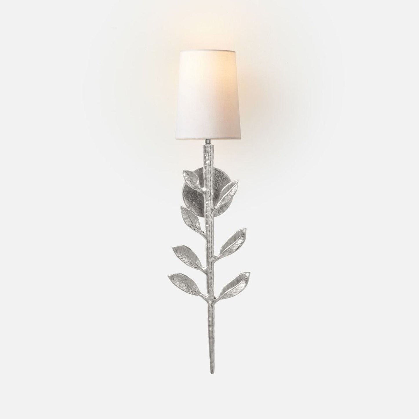 Made Goods Emmeline 7" x 26" 1-Light Plated Nickel Aluminum Sconce with Tapered Drum / White Linen Shade