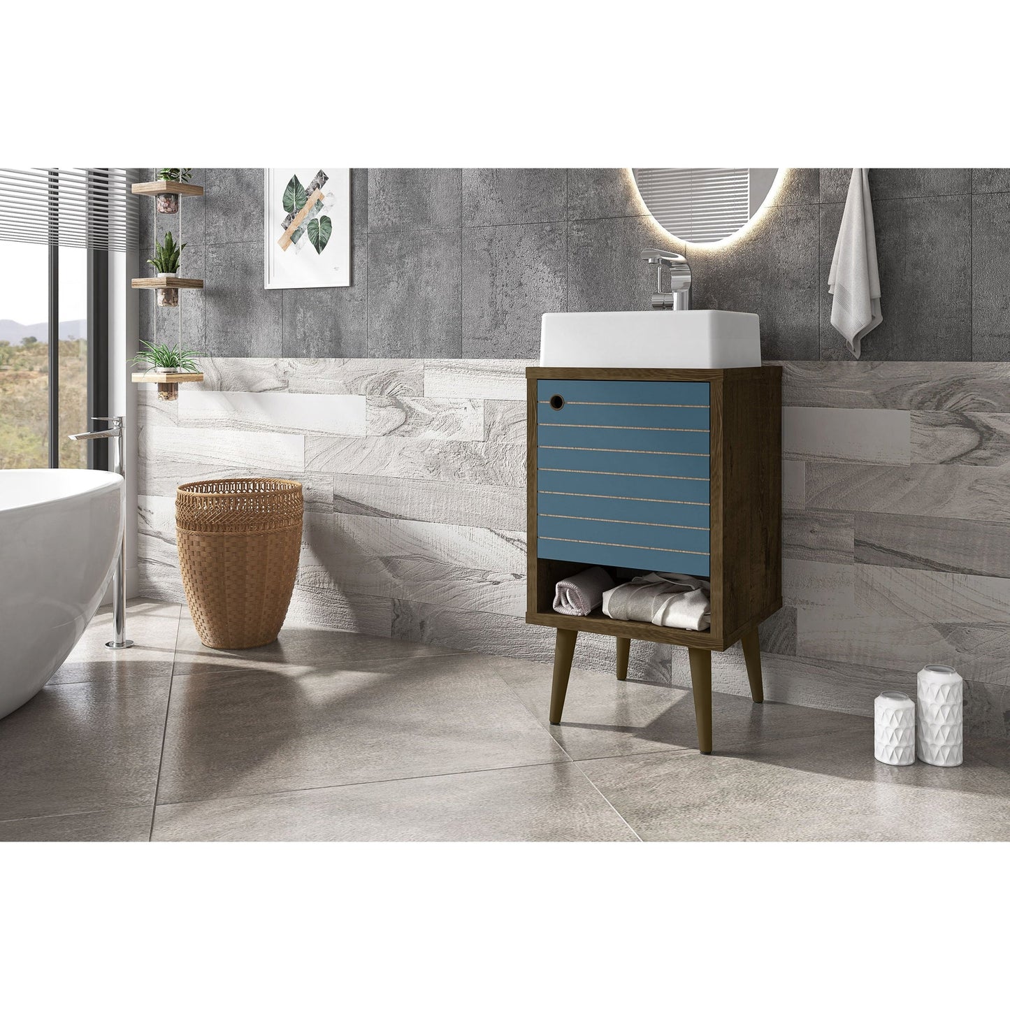 Manhattan Comfort Liberty 17.71" Rustic Brown And Aqua Blue Bathroom Vanity With Sink And Shelf