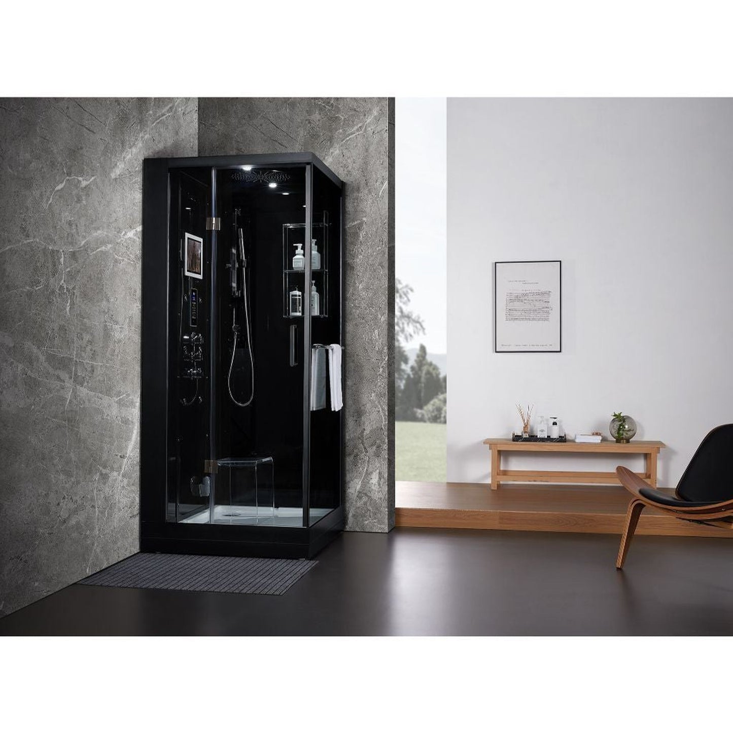 Maya Bath Platinum Arezzo 37" x 37" x 88" 6-Jet Rectangle Black Computerized Steam Shower Massage Bathtub With Sliding Door in Left Position