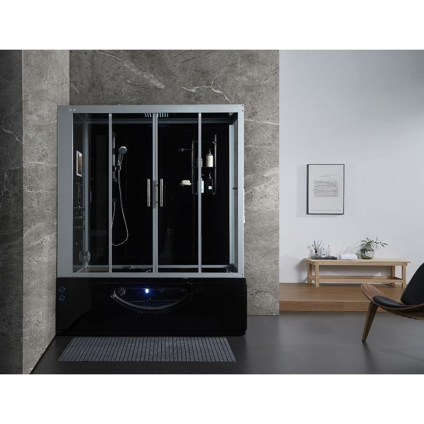 Maya Bath Platinum Catania 71" x 38" x 88" 33-Jet Rectangle Black Computerized Steam Shower Massage Bathtub With Sliding Doors in Left Position