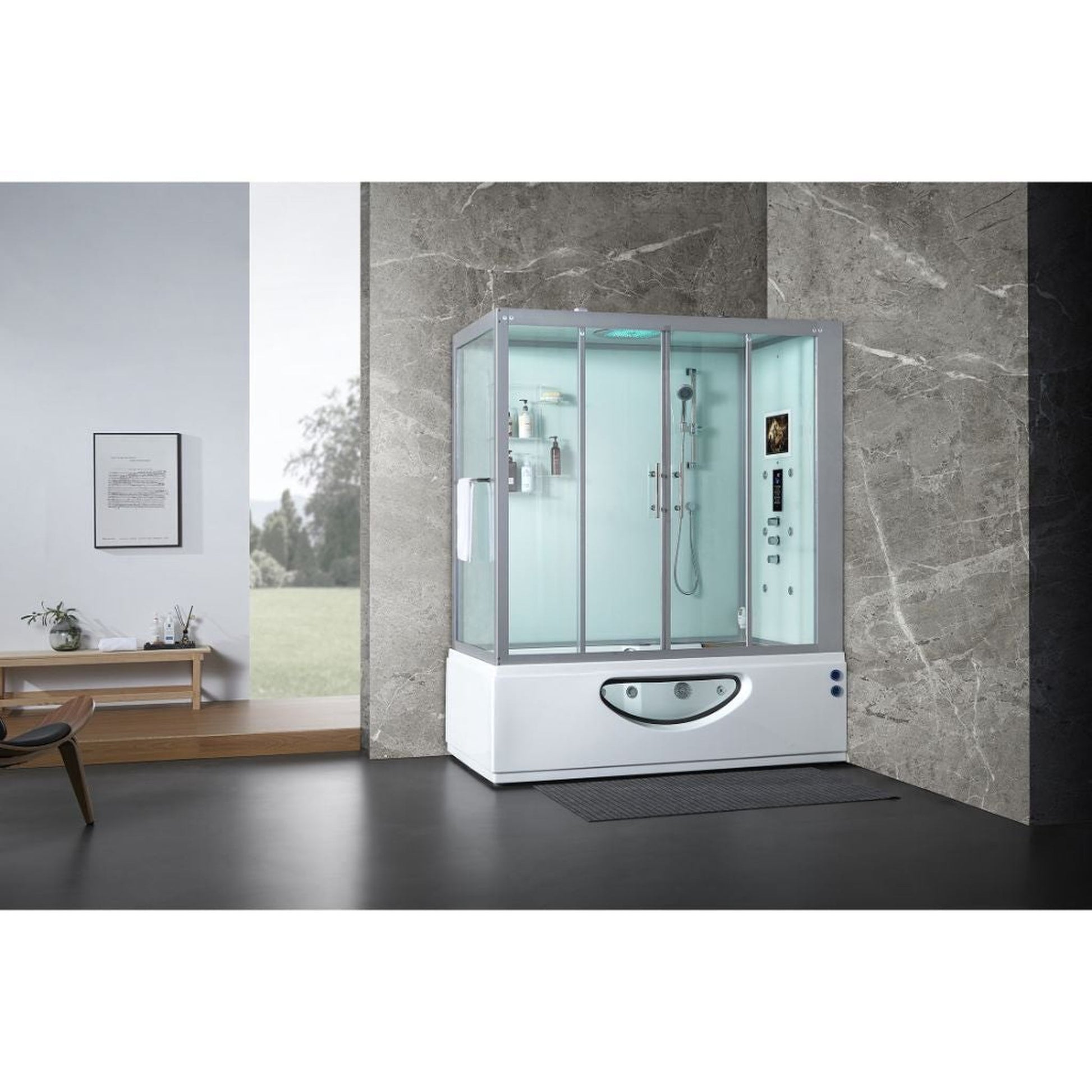 Maya Bath Platinum Catania 71" x 38" x 88" 33-Jet Rectangle White Computerized Steam Shower Massage Bathtub With Sliding Doors in Right Position