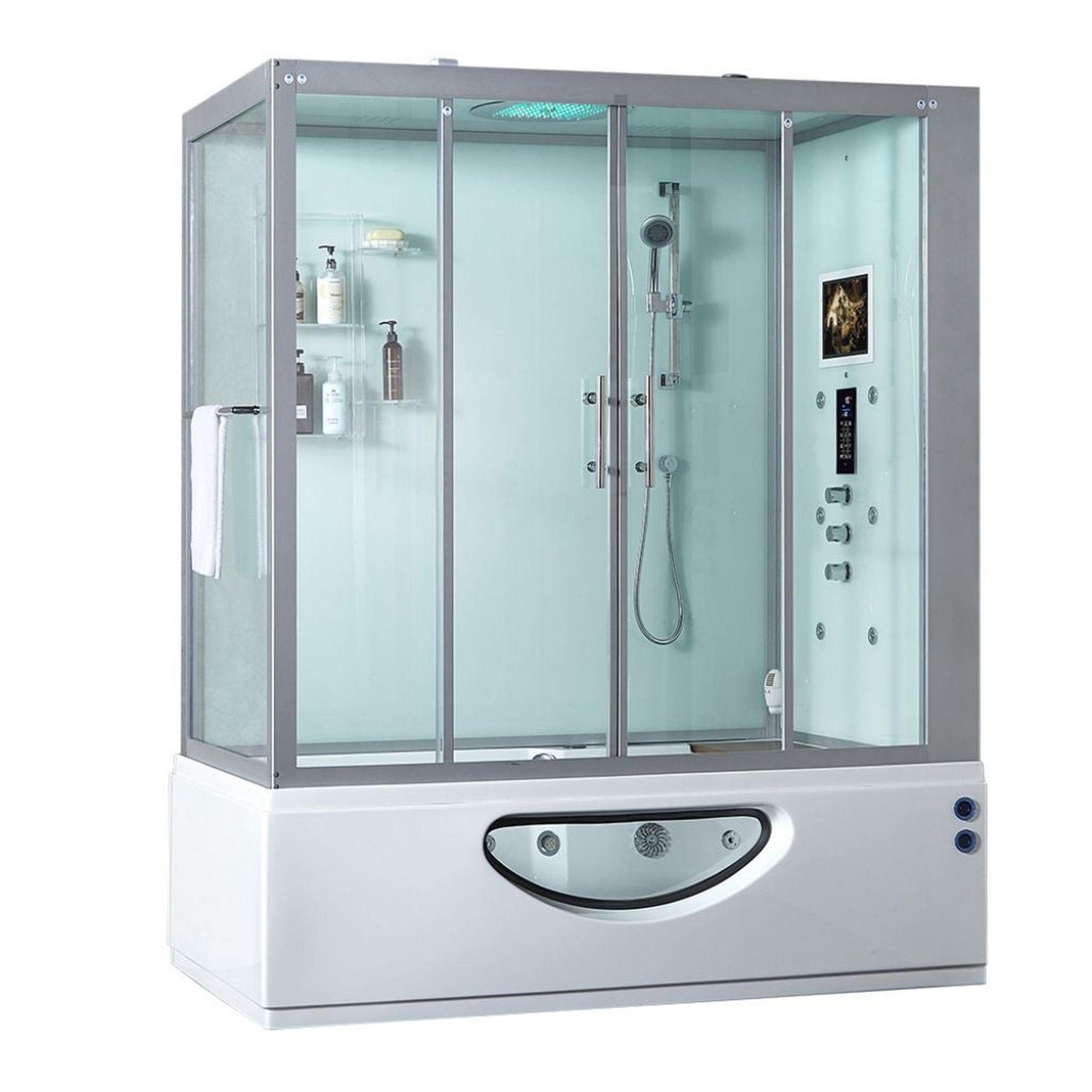 Maya Bath Platinum Catania 71" x 38" x 88" 33-Jet Rectangle White Computerized Steam Shower Massage Bathtub With Sliding Doors in Right Position