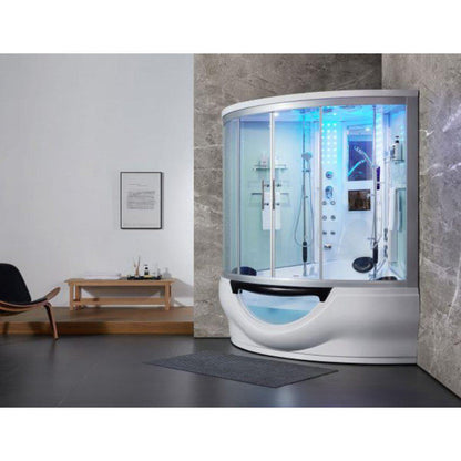 Maya Bath Platinum Superior 64" x 64" x 88" 34-Jet Round White Computerized Steam Shower Massage Bathtub With Sliding Doors
