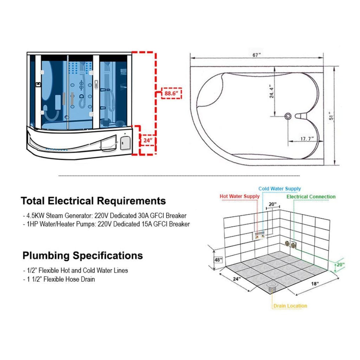 Maya Bath Siena 67" x 51" x 88" 26-Jet Round Gray Computerized Steam Shower Massage Bathtub With Sliding Doors in Right Position