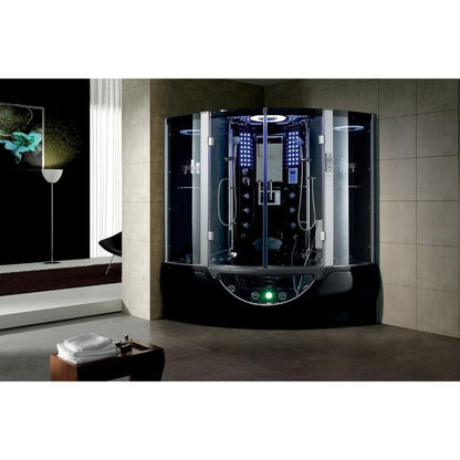 Maya Bath Valencia 64" x 64" x 88" 26-Jet Round Black Computerized Steam Shower Massage Bathtub With Hinged Doors