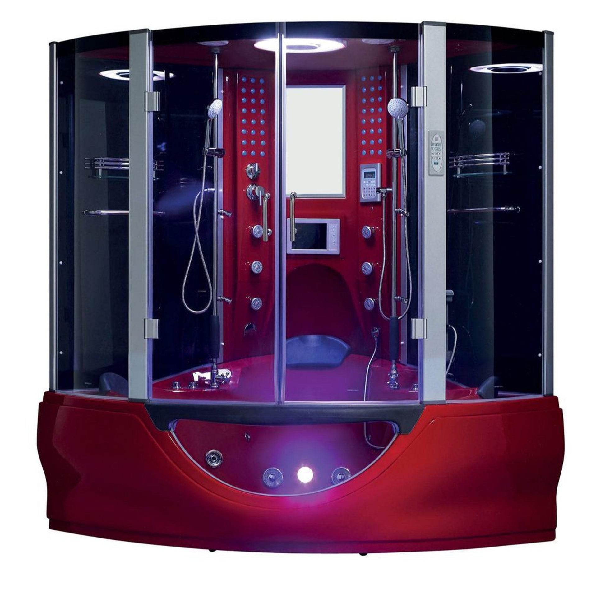 Maya Bath Valencia 64" x 64" x 88" 26-Jet Round Red Computerized Steam Shower Massage Bathtub With Hinged Doors