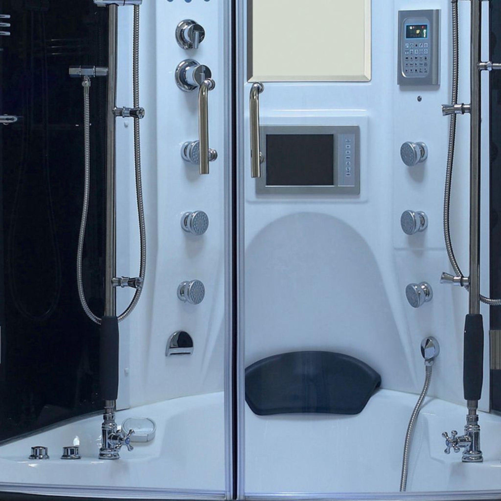 Maya Bath Valencia 64" x 64" x 88" 26-Jet Round White Computerized Steam Shower Massage Bathtub With Hinged Doors