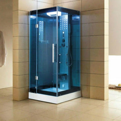 Mesa 32" x 32" x 85" Blue Tempered Glass Freestanding Walk In Steam Shower With 3kW Steam Generator, 6 Acupuncture Water Body Jets and Ozone Sterilization System