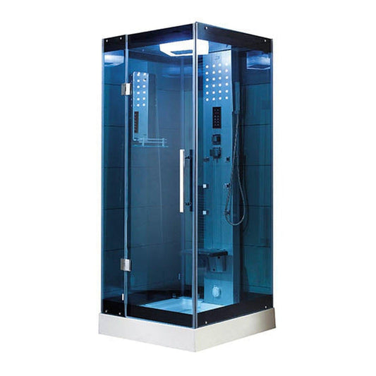 Mesa 32" x 32" x 85" Blue Tempered Glass Freestanding Walk In Steam Shower With 3kW Steam Generator, 6 Acupuncture Water Body Jets and Ozone Sterilization System