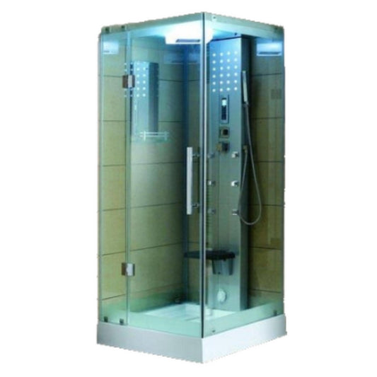 Mesa 32" x 32" x 85" Clear Temparded Glass Freestanding Walk In Steam Shower With 3kW Steam Generator, 6 Acupuncture Water Body Jets and Ozone Sterilization System