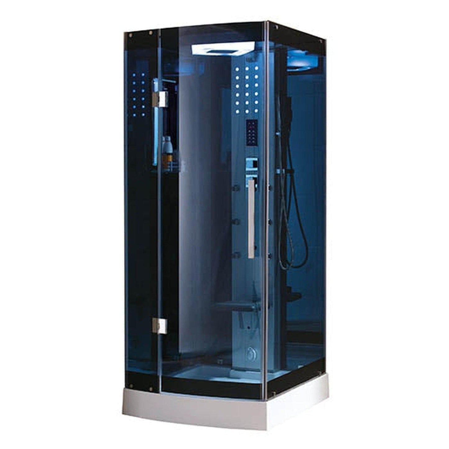 Mesa 36" x 36" x 85" Blue Tempered Glass Freestanding Walk In Steam Shower With 3kW Steam Generator, 6 Acupuncture Water Body Jets and Ozone Sterilization System