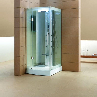Mesa 36" x 36" x 85" Clear Tempered Glass Freestanding Walk In Steam Shower With 3kW Steam Engine, 6 Acupuncture Water Body Jets and Ozone Sterilization System