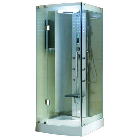 Mesa 36" x 36" x 85" Clear Tempered Glass Freestanding Walk In Steam Shower With 3kW Steam Engine, 6 Acupuncture Water Body Jets and Ozone Sterilization System