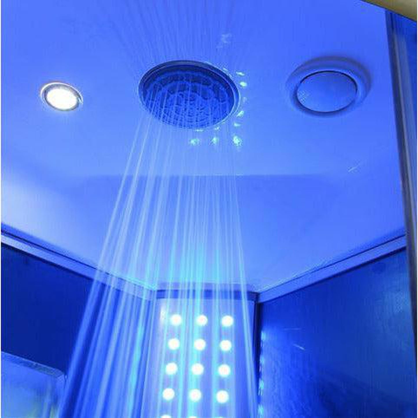 Mesa 36" x 36" x 85" Round Blue Tempered Glass Corner Steam Shower With 3kW Steam Generator, 6 Acupuncture Water Body Jets and Ozone Sterilization System