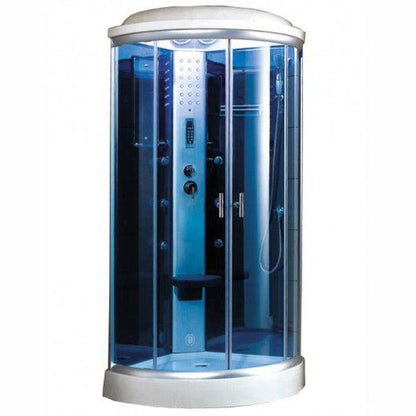 Mesa 36" x 36" x 85" Round Blue Tempered Glass Corner Steam Shower With 3kW Steam Generator, 6 Acupuncture Water Body Jets and Ozone Sterilization System