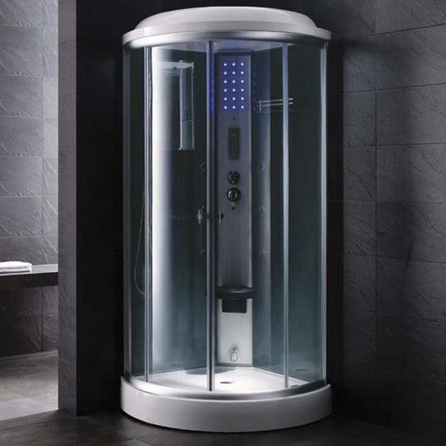 Mesa 36" x 36" x 85" Round Clear Tempered Glass Corner Steam Shower With 3kW Steam Generator, 6 Body Massage Jets and Ozone Sterilization System