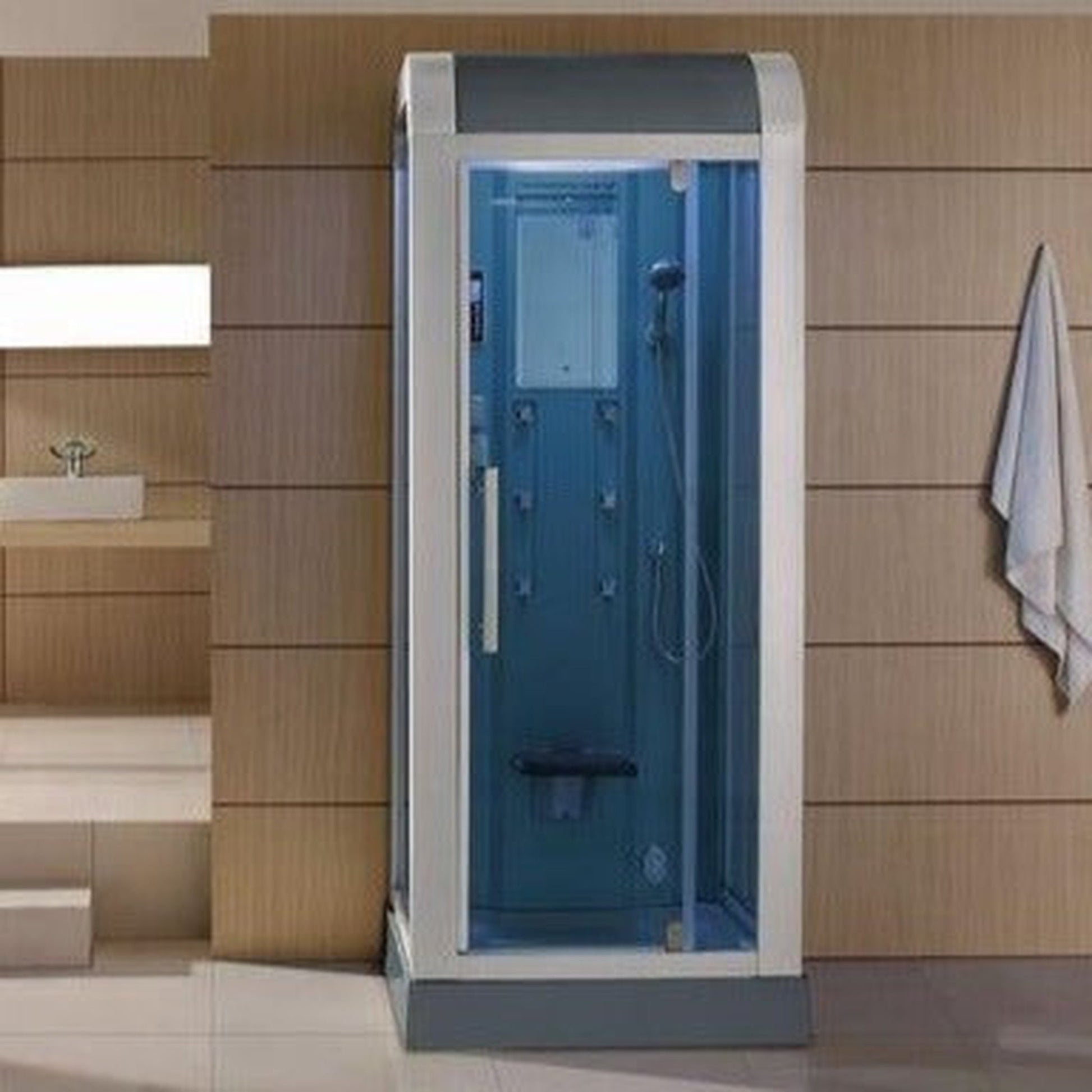 Mesa 36" x 36" x 89" Blue Tempered Glass Freestanding Walk In Steam Shower With Enclosed Top, 3kW Steam Generator, 6 Acupuncture Water Body Jets and Ozone Sterilization System