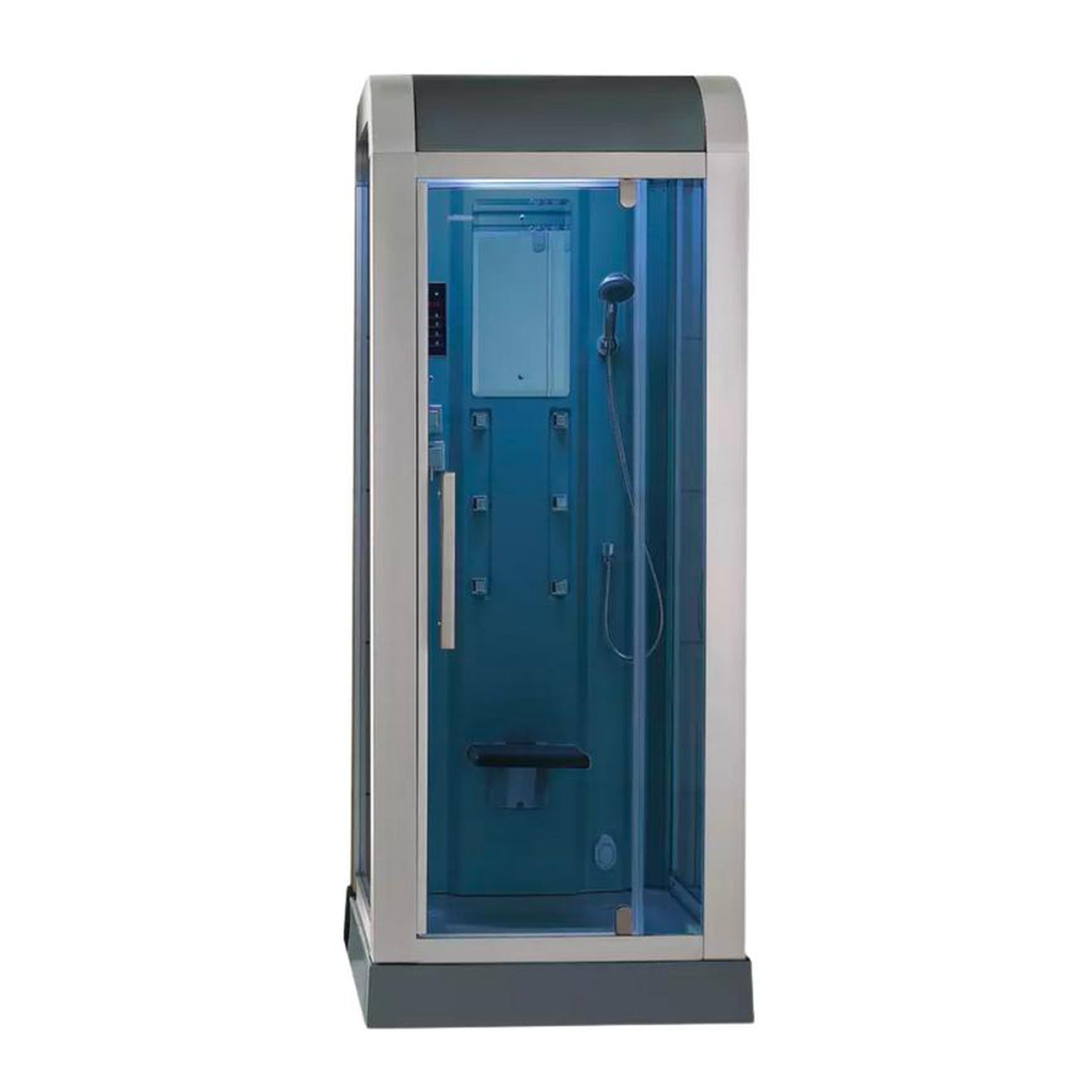 Mesa 36" x 36" x 89" Blue Tempered Glass Freestanding Walk In Steam Shower With Enclosed Top, 3kW Steam Generator, 6 Acupuncture Water Body Jets and Ozone Sterilization System