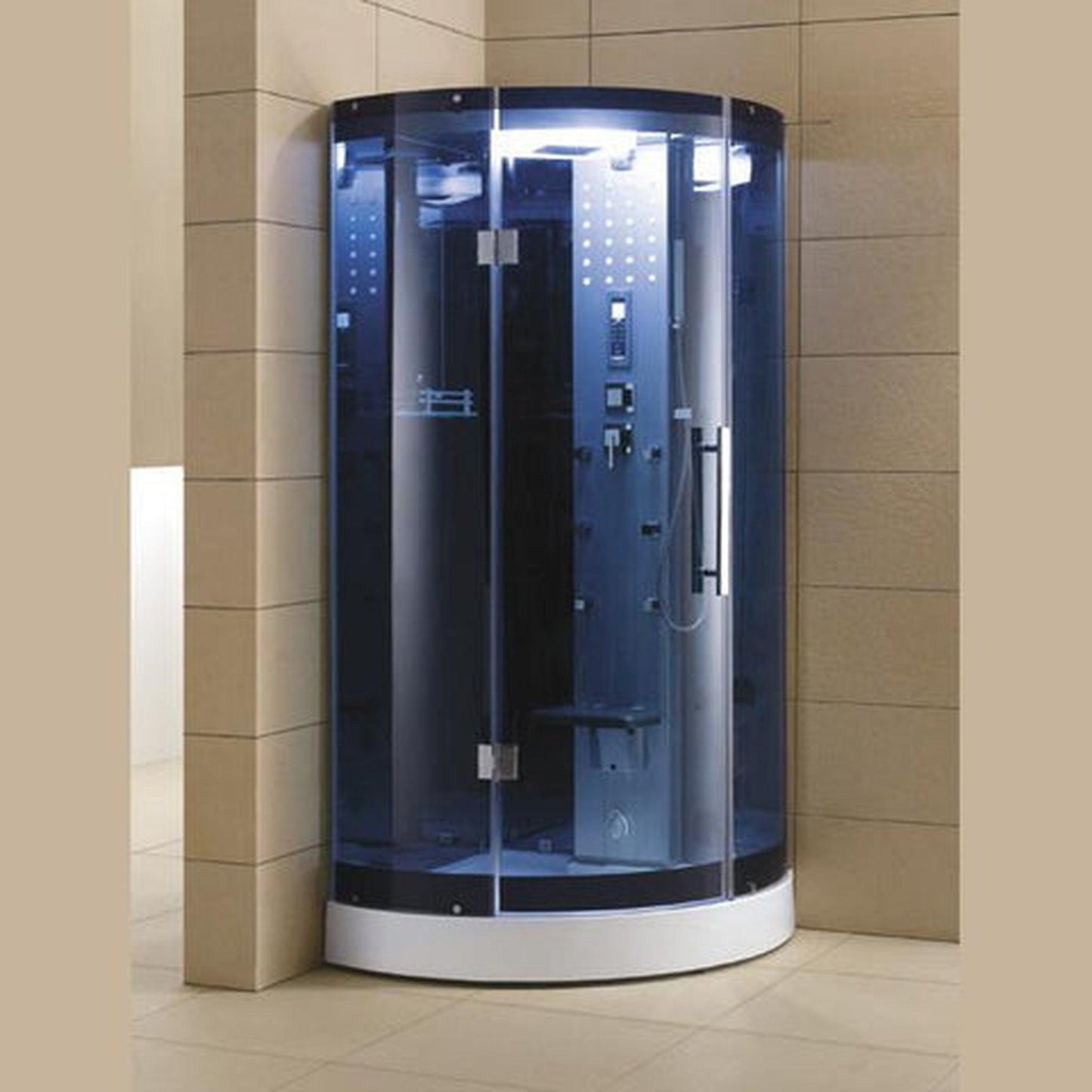 Mesa 38" x 38" x 85" Blue Tempered Glass Corner Steam Shower With 3kW Steam Generator, 6 Acupuncture Water Body Jets and Ozone Sterilization System