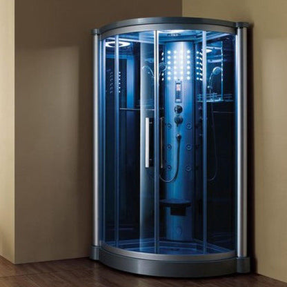 Mesa 42" x 42" x 85" Blue Tempered Glass Corner Steam Shower With 3kW Steam Generator, 6 Acupuncture Water Body Jets and Ozone Sterilization System