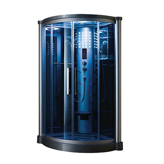 Mesa 42" x 42" x 85" Blue Tempered Glass Corner Steam Shower With 3kW Steam Generator, 6 Acupuncture Water Body Jets and Ozone Sterilization System