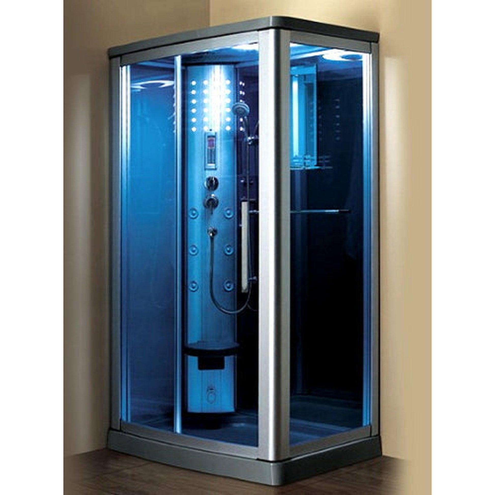 Mesa 45" x 35" x 85" Blue Tempered Glass Freestanding Walk In Steam Shower With Left-Hand Control Panel Configuration, 3kW Steam Generator and 6 Acupuncture Water Body Jets
