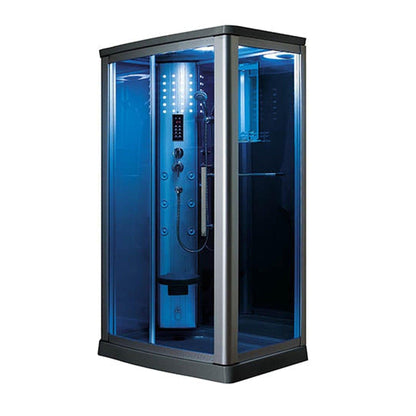 Mesa 45" x 35" x 85" Blue Tempered Glass Freestanding Walk In Steam Shower With Left-Hand Control Panel Configuration, 3kW Steam Generator and 6 Acupuncture Water Body Jets