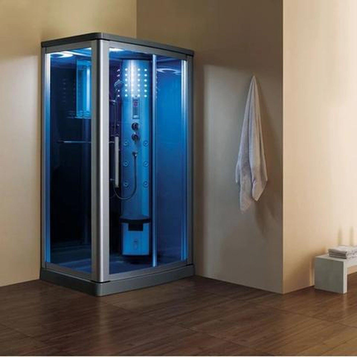 Mesa 45" x 35" x 85" Blue Tempered Glass Freestanding Walk In Steam Shower With Right-Hand Control Panel Configuration, 3kW Steam Generator and 6-Acupuncture Water Body Jets