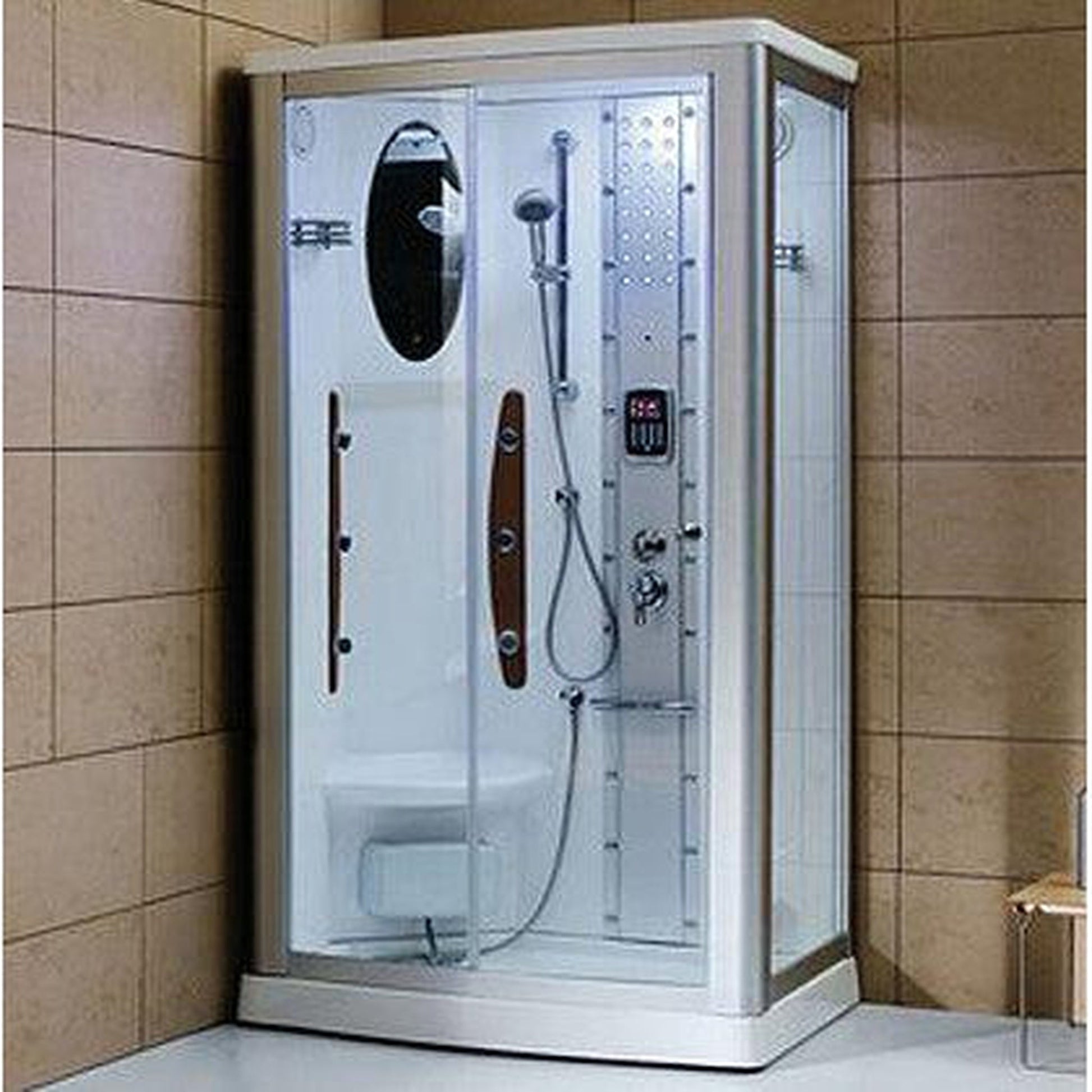 Mesa 45" x 35" x 85" Clear Tempered Glass Freestanding Walk In Clear Steam Shower With Left-Hand Control Panel Configuration, 3kW Steam Generator and 6-Acupuncture Water Body Jets
