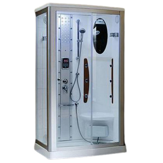 Mesa 45" x 35" x 85" Clear Tempered Glass Freestanding Walk In Steam Shower With Right-Hand Control Panel Configuration, 3kW Steam Generator and 6-Acupuncture Water Body Jets
