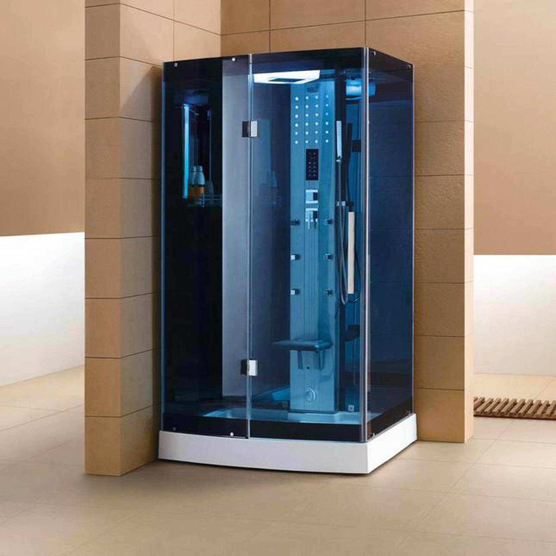 Mesa 47" x 35" x 85" Blue Tempered Glass Freestanding Walk In Steam Shower With 3kW Steam Engine, 6 Acupuncture Water Body Jets and Ozone Sterilization System