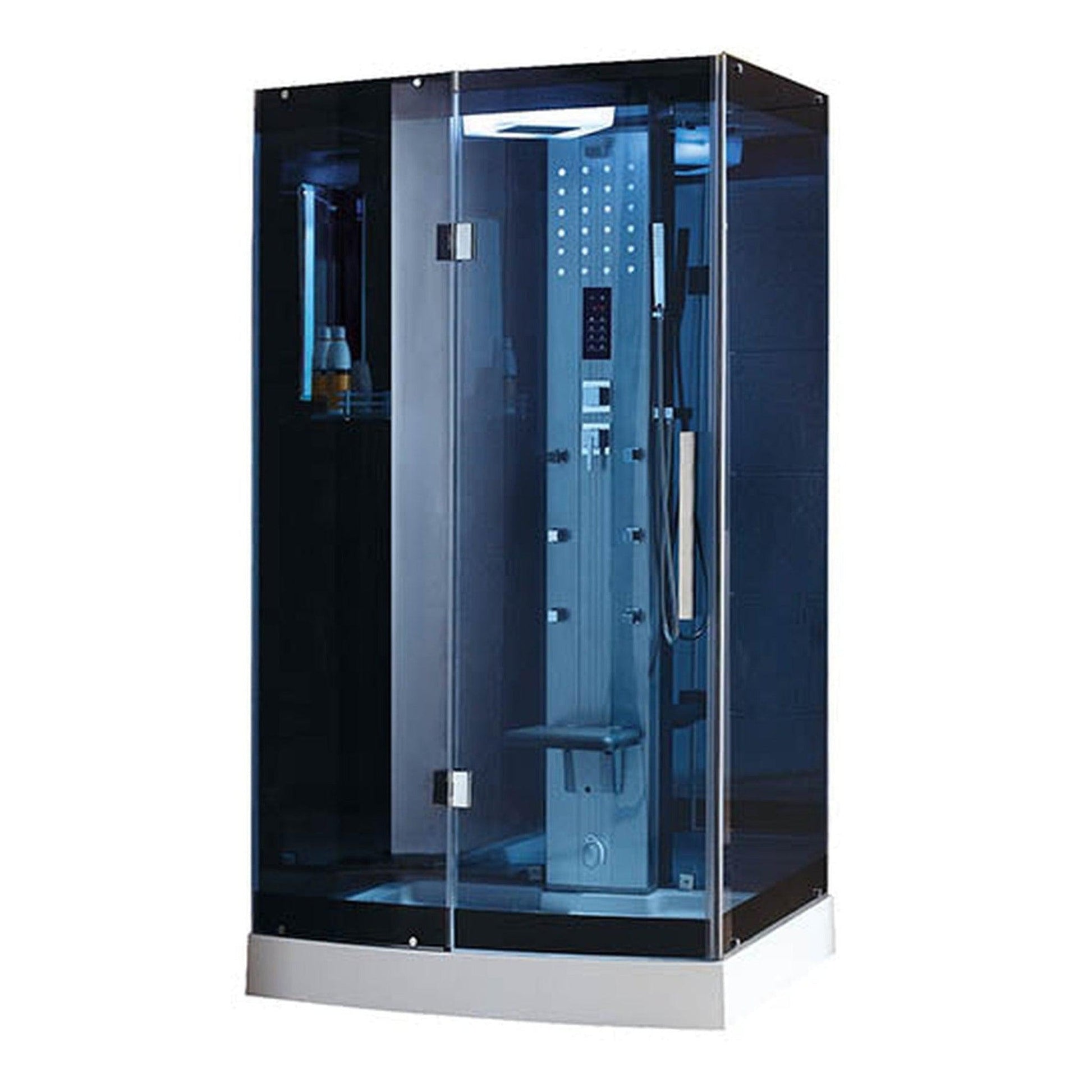 Mesa 47" x 35" x 85" Blue Tempered Glass Freestanding Walk In Steam Shower With 3kW Steam Engine, 6 Acupuncture Water Body Jets and Ozone Sterilization System