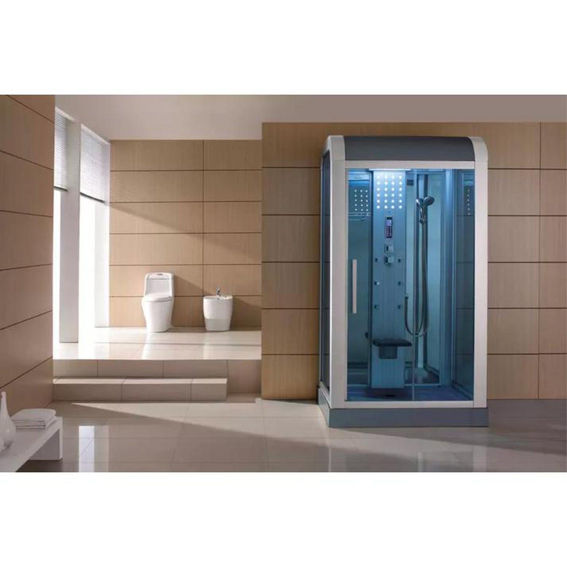 Mesa 47" x 35" x 87" Blue Tempered Glass Gray Finish Exterior Freestanding Walk In Steam Shower With 3kW Steam Generator, 6 Acupuncture Water Body Jets and Ozone Sterilization System
