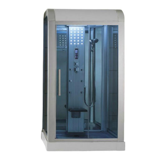Mesa 47" x 35" x 87" Blue Tempered Glass White Finish Exterior Freestanding Walk In Steam Shower With 3kW Steam Generator, 6 Acupuncture Water Body Jets and Ozone Sterilization System