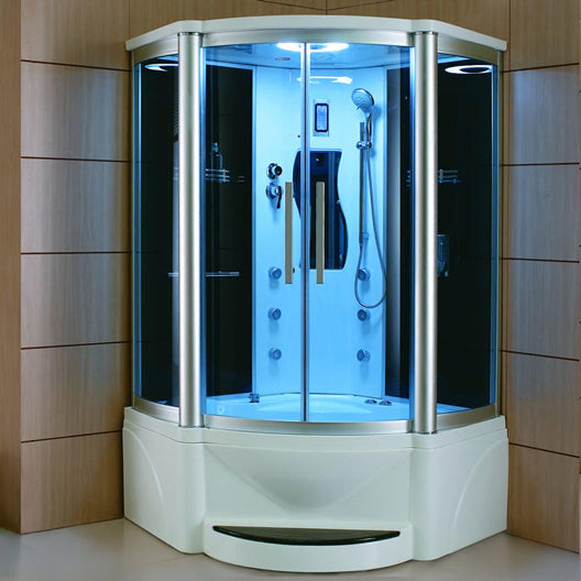 Mesa 48” x 48” x 85” Blue Tempered Glass Corner Steam Shower With Jetted Tub Combo, 3kW High Output Steam Engine, 2-Acupuncture Jets and 6-Massage Jets