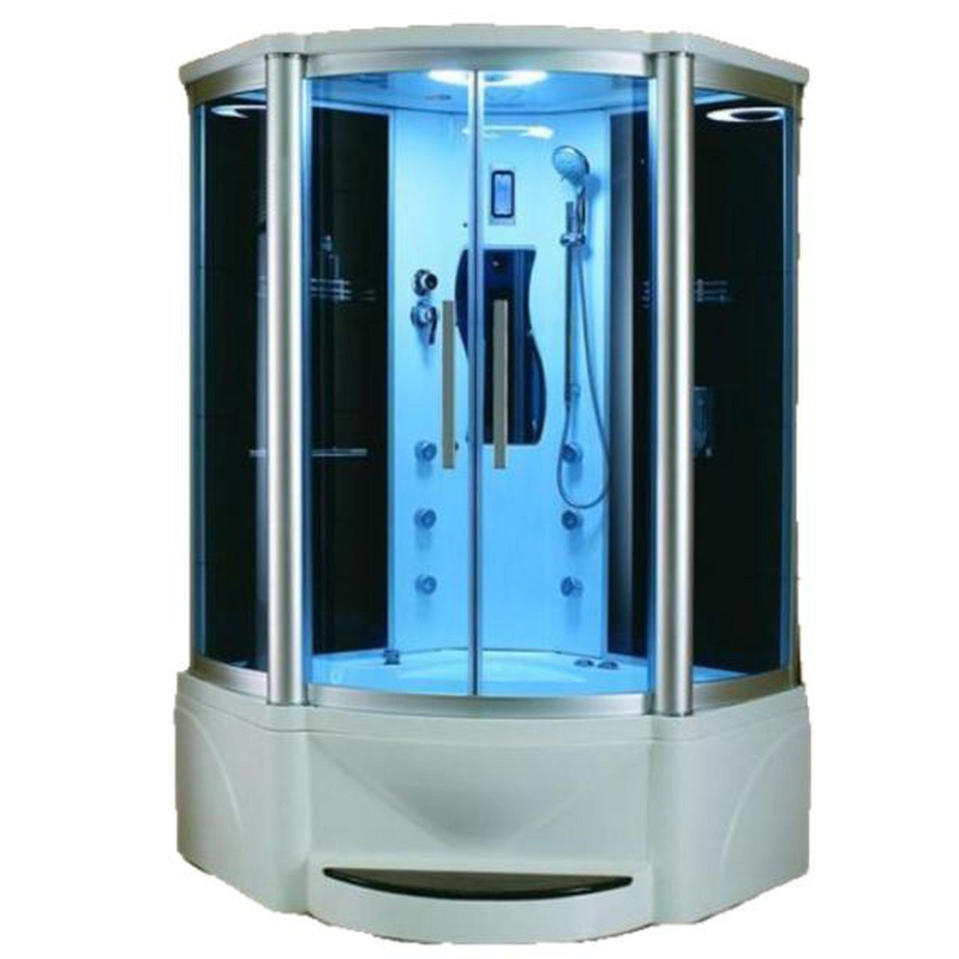 Mesa 48” x 48” x 85” Blue Tempered Glass Corner Steam Shower With Jetted Tub Combo, 3kW High Output Steam Engine, 2-Acupuncture Jets and 6-Massage Jets