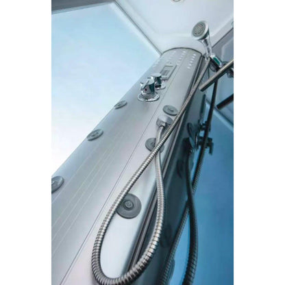 Mesa 54" x 35" x 85" Blue Tempered Glass Freestanding Walk In Steam Shower With Left-Side Door Configuration, 3kW Steam Generator and 12 Acupuncture Water Body Jets