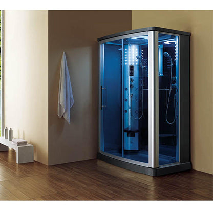 Mesa 54" x 35" x 85" Blue Tempered Glass Freestanding Walk In Steam Shower With Left-Side Door Configuration, 3kW Steam Generator and 12 Acupuncture Water Body Jets