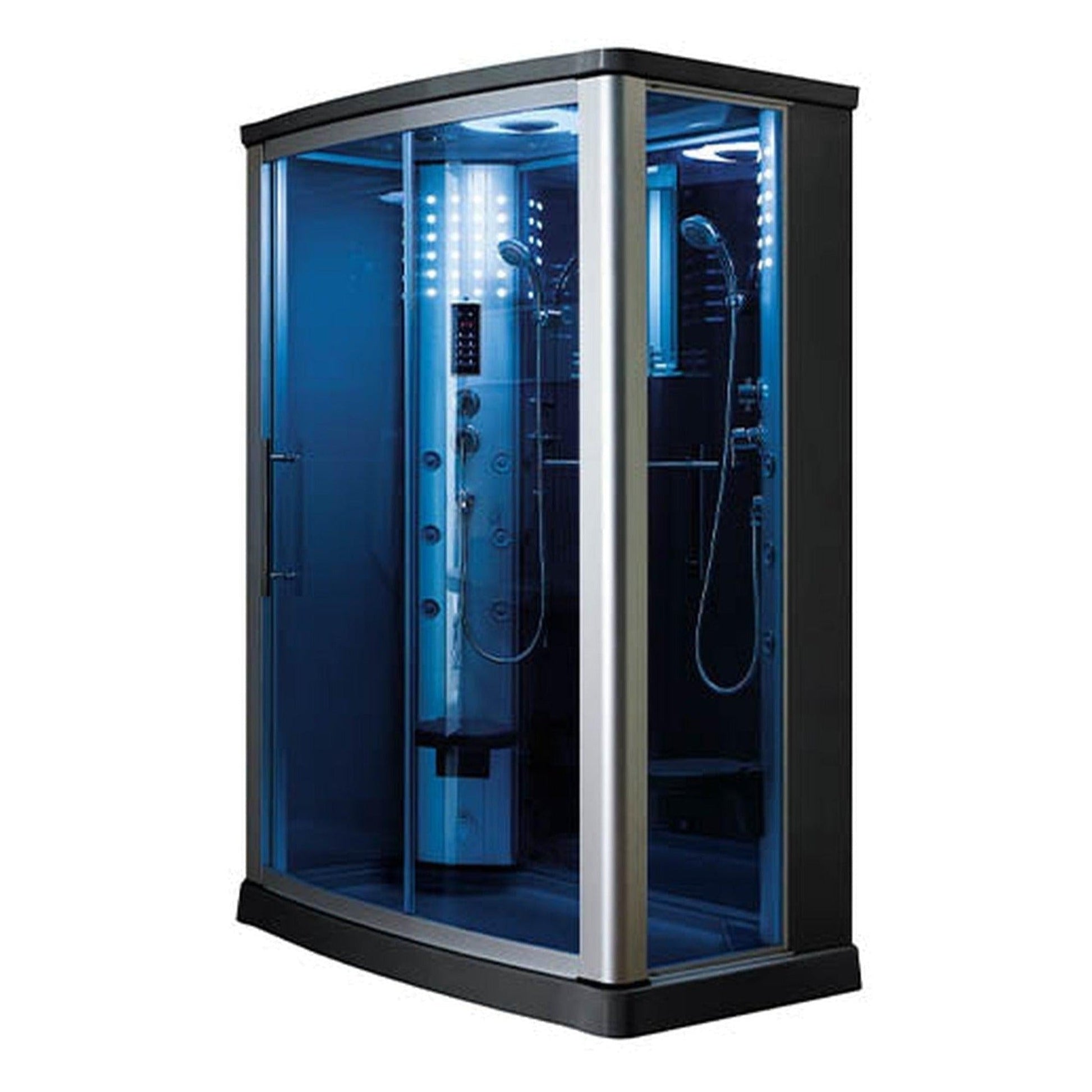 Mesa 54" x 35" x 85" Blue Tempered Glass Freestanding Walk In Steam Shower With Left-Side Door Configuration, 3kW Steam Generator and 12 Acupuncture Water Body Jets