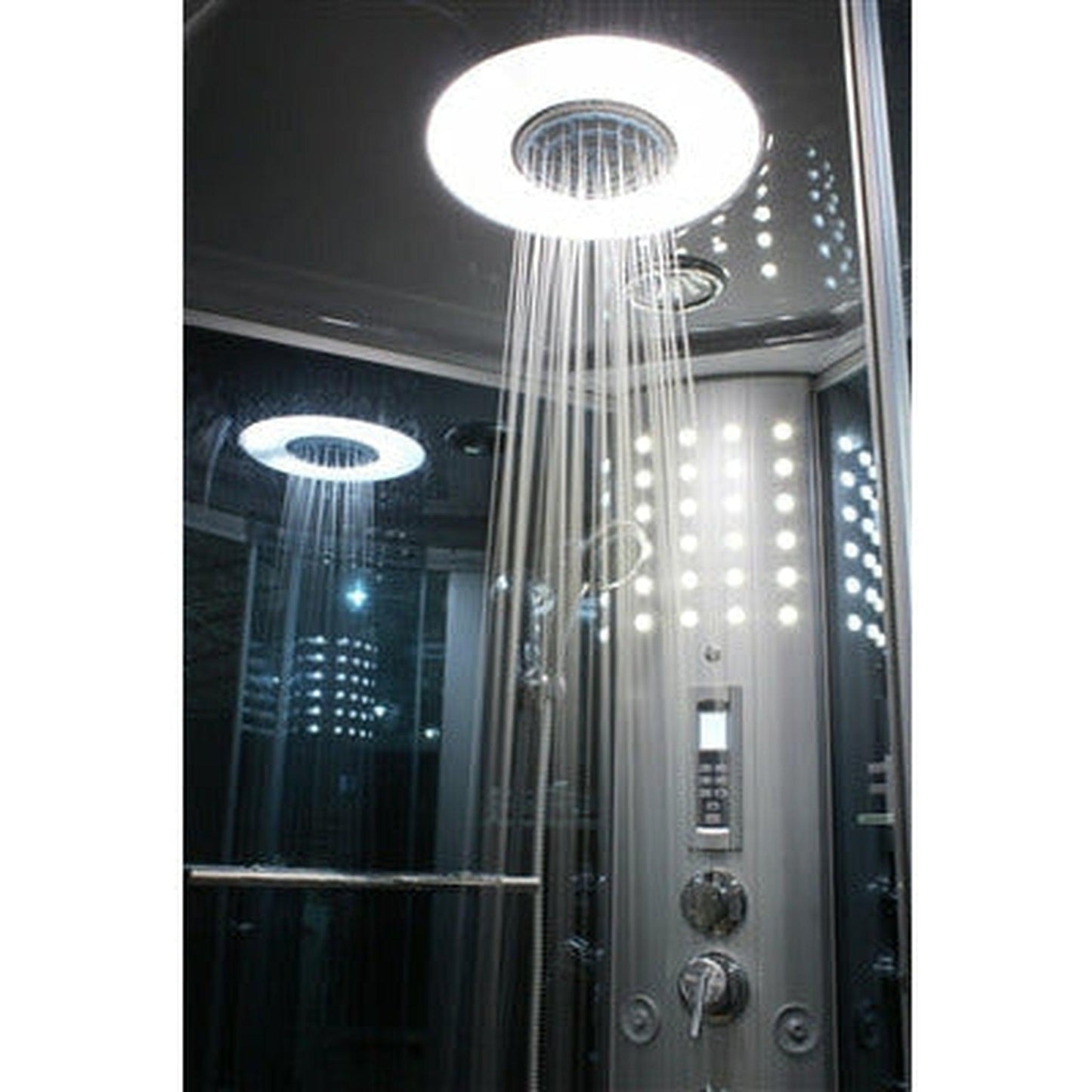 Mesa 54" x 35" x 85" Blue Tempered Glass Freestanding Walk In Steam Shower With Right-Side Door Configuration, 3kW Steam Generator and 12 Acupuncture Water Body Jets