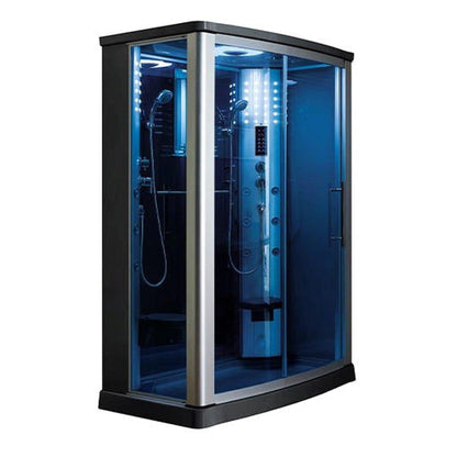 Mesa 54" x 35" x 85" Blue Tempered Glass Freestanding Walk In Steam Shower With Right-Side Door Configuration, 3kW Steam Generator and 12 Acupuncture Water Body Jets