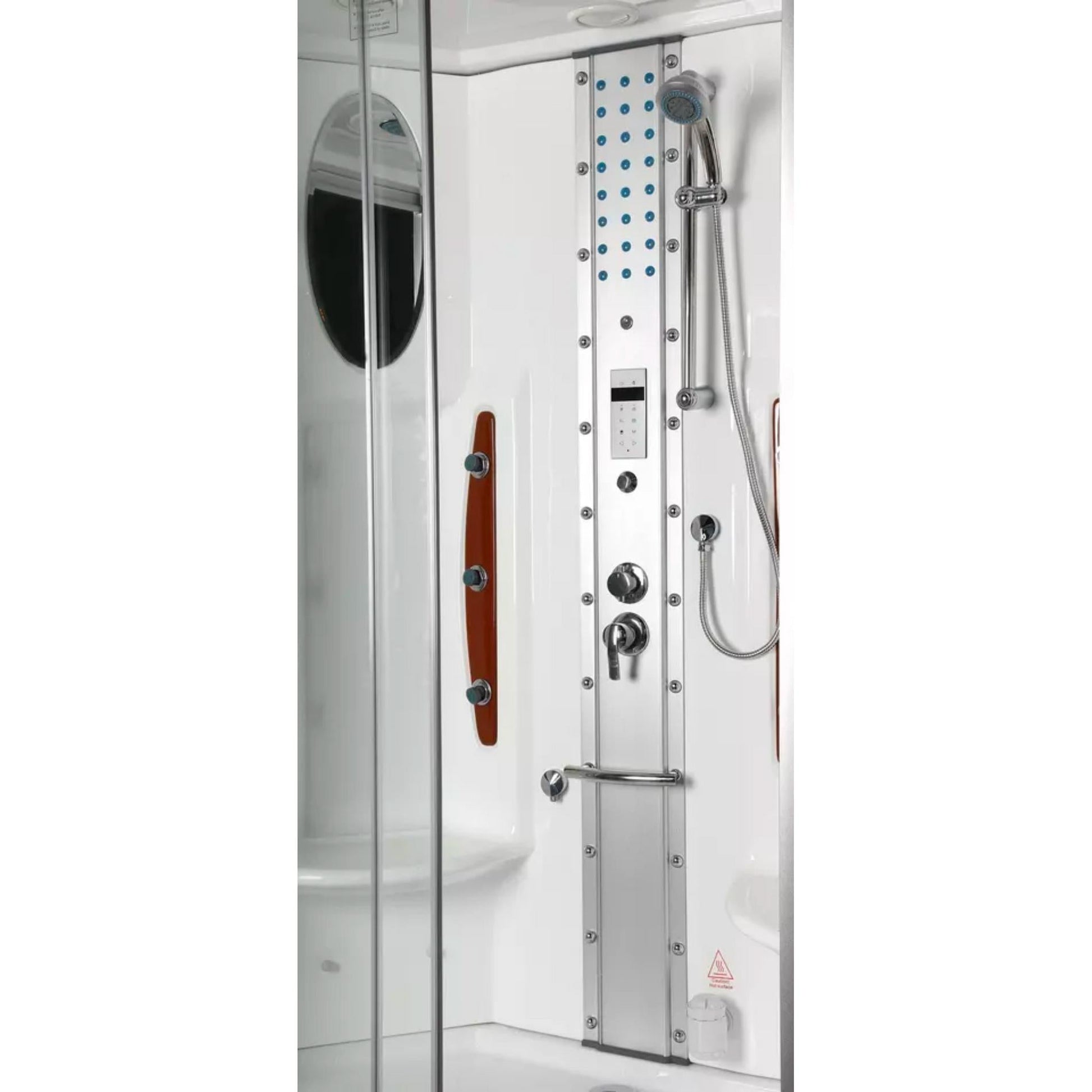 Mesa 54" x 35" x 85" Clear Tempered Glass Freestanding Walk In Steam Shower With Left-Side Door Configuration, 3kW Steam Generator and 12 Acupuncture Water Body Jets