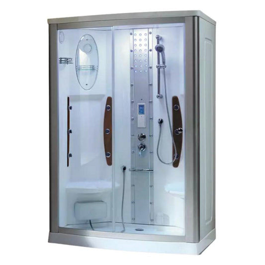 Mesa 54" x 35" x 85" Clear Tempered Glass Freestanding Walk In Steam Shower With Left-Side Door Configuration, 3kW Steam Generator and 12 Acupuncture Water Body Jets