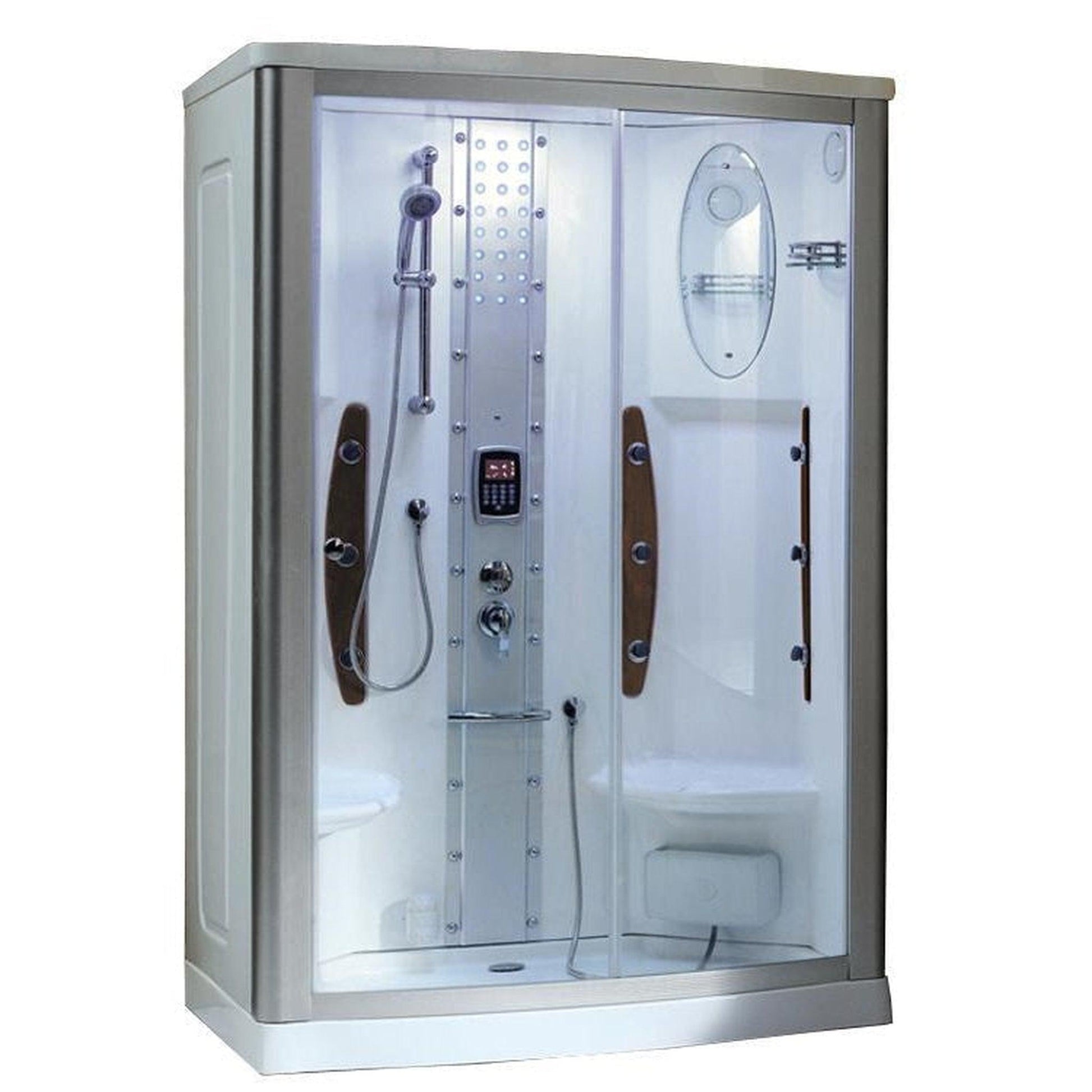 Mesa 54" x 35" x 85" Clear Tempered Glass Freestanding Walk In Steam Shower With Right-Side Door Configuration, 3kW Steam Generator and 12 Acupuncture Water Body Jets