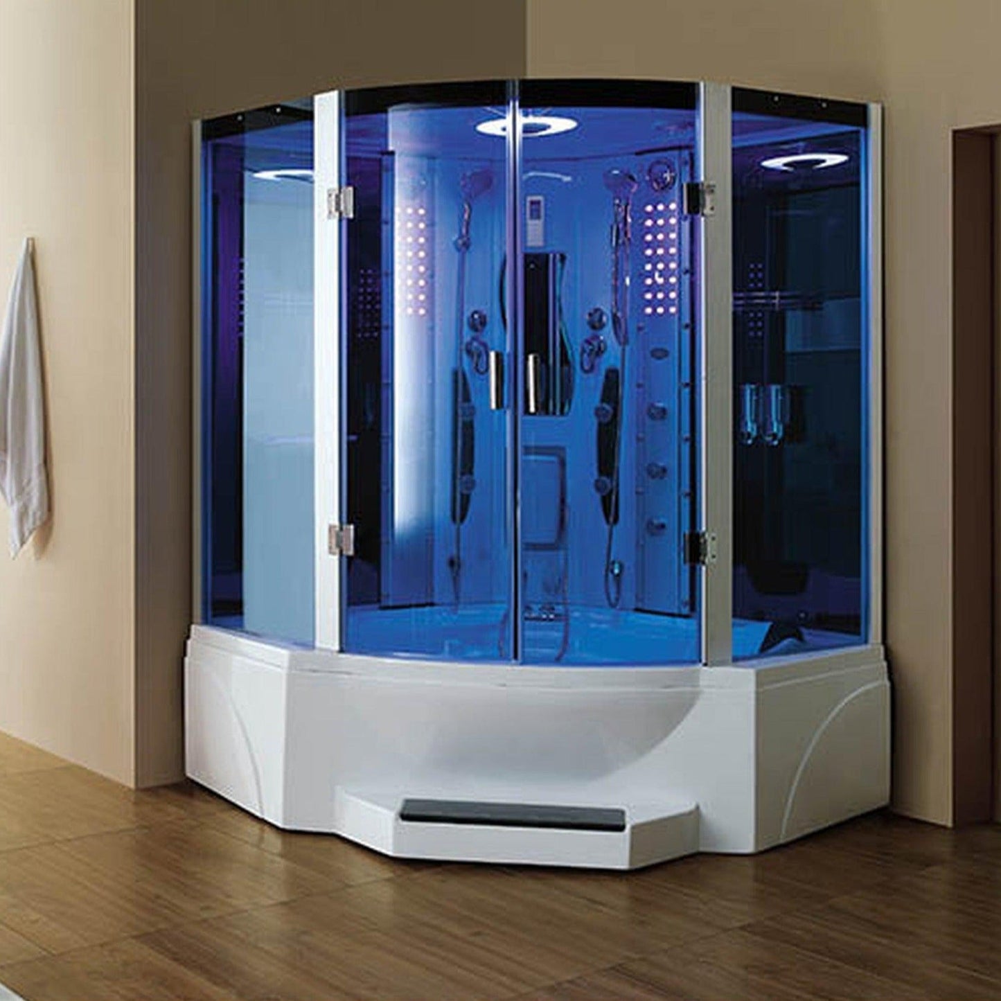 Mesa 63" x 63" x 85" Blue Tempered Glass Corner Combination Steam Shower Jetted Tub With 3kW High Output Steam Engine, 10 Acupuncture Jets and 10 Whirlpool Jets