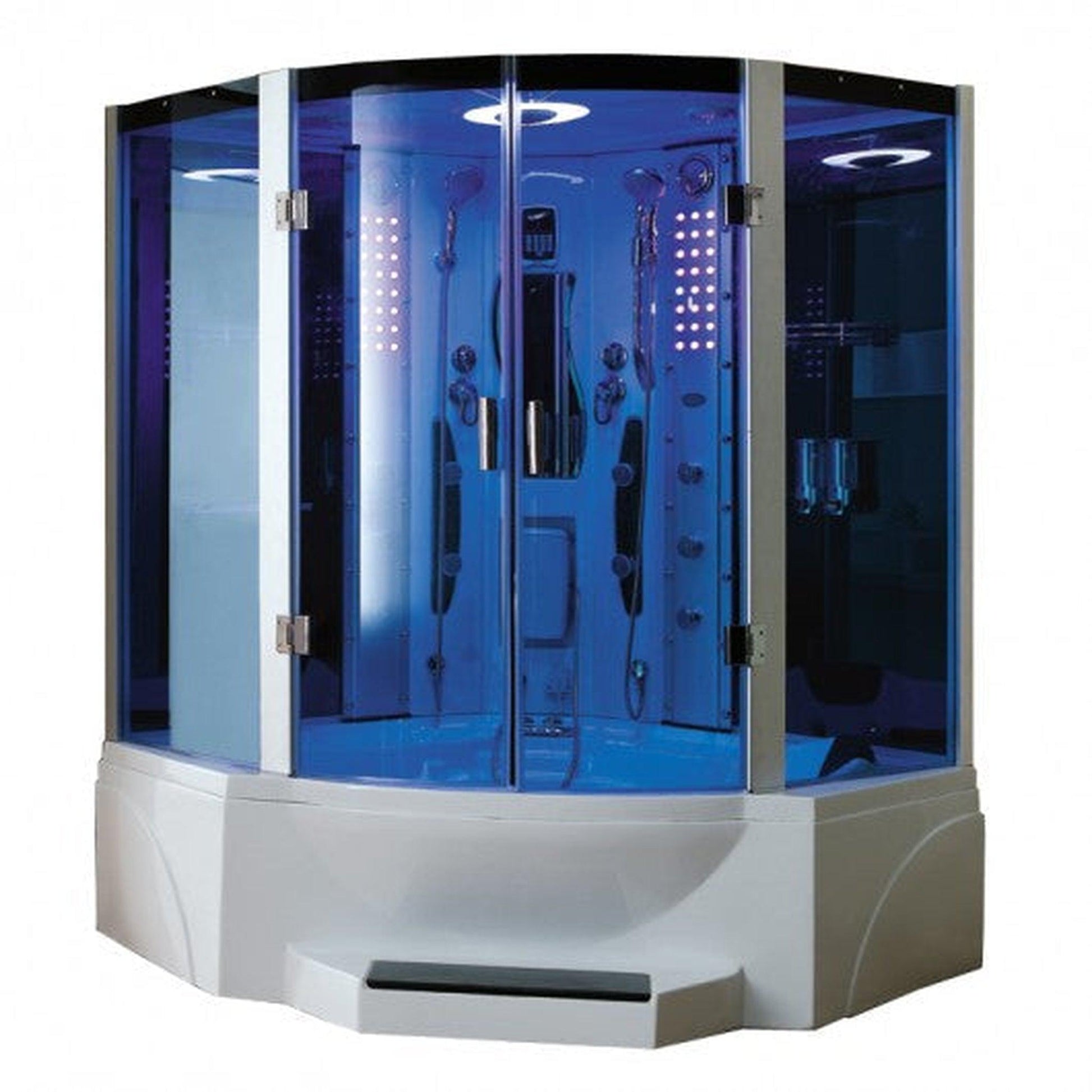 Mesa 63" x 63" x 85" Blue Tempered Glass Corner Combination Steam Shower Jetted Tub With 3kW High Output Steam Engine, 10 Acupuncture Jets and 10 Whirlpool Jets