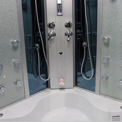 Mesa 66" x 66" x 85" Corner Blue Tempered Glass Combination Steam Shower Jetted Tub With 4kW Steam Generation, 12 Acupuncture Body Jets and 6 Whirlpool Jets